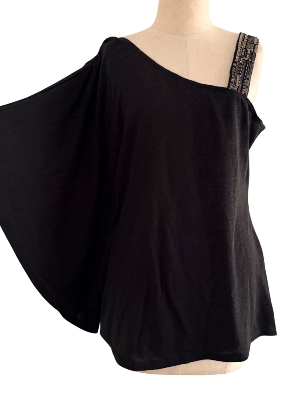 VTG Y2K Wrapper Black Knit Sequin beaded one Shoulder Batwing Sleeve Top XL